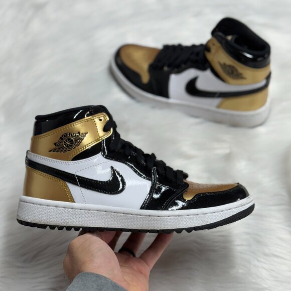 Nike Jordan 1 Retro High Golf Patent Gold Toe Mens DQ0660-002 VNDS Sz 6.5